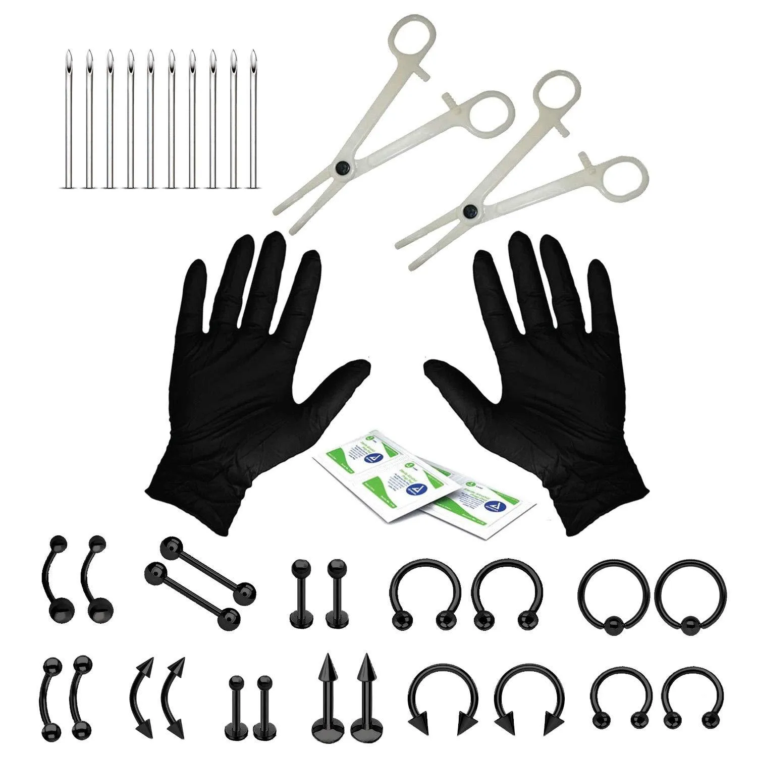 BodyJ4You 36PC Professional Piercing Kit Surgical Steel 14G 16G Belly Ring Tongue Tragus Nipple Nose Black