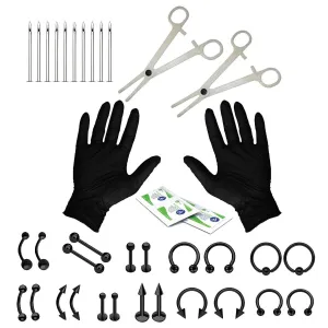 BodyJ4You 36PC Professional Piercing Kit Surgical Steel 14G 16G Belly Ring Tongue Tragus Nipple Nose Black