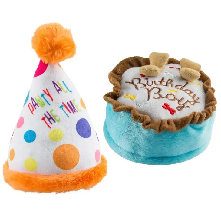 Doggy Birthday Girl or Boy Party Bundle Plush Toys Party Hat & Cake