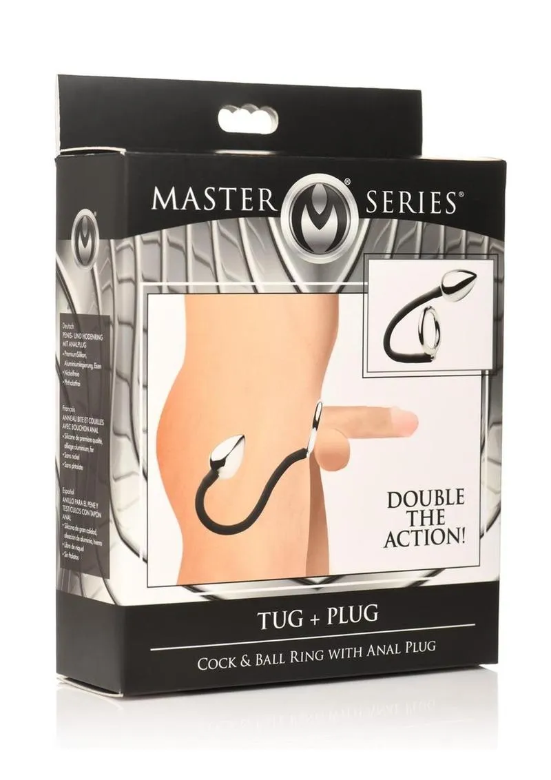 Master Series Tug   Plug Aluminum Cock and Ball Ring with Anal Plug