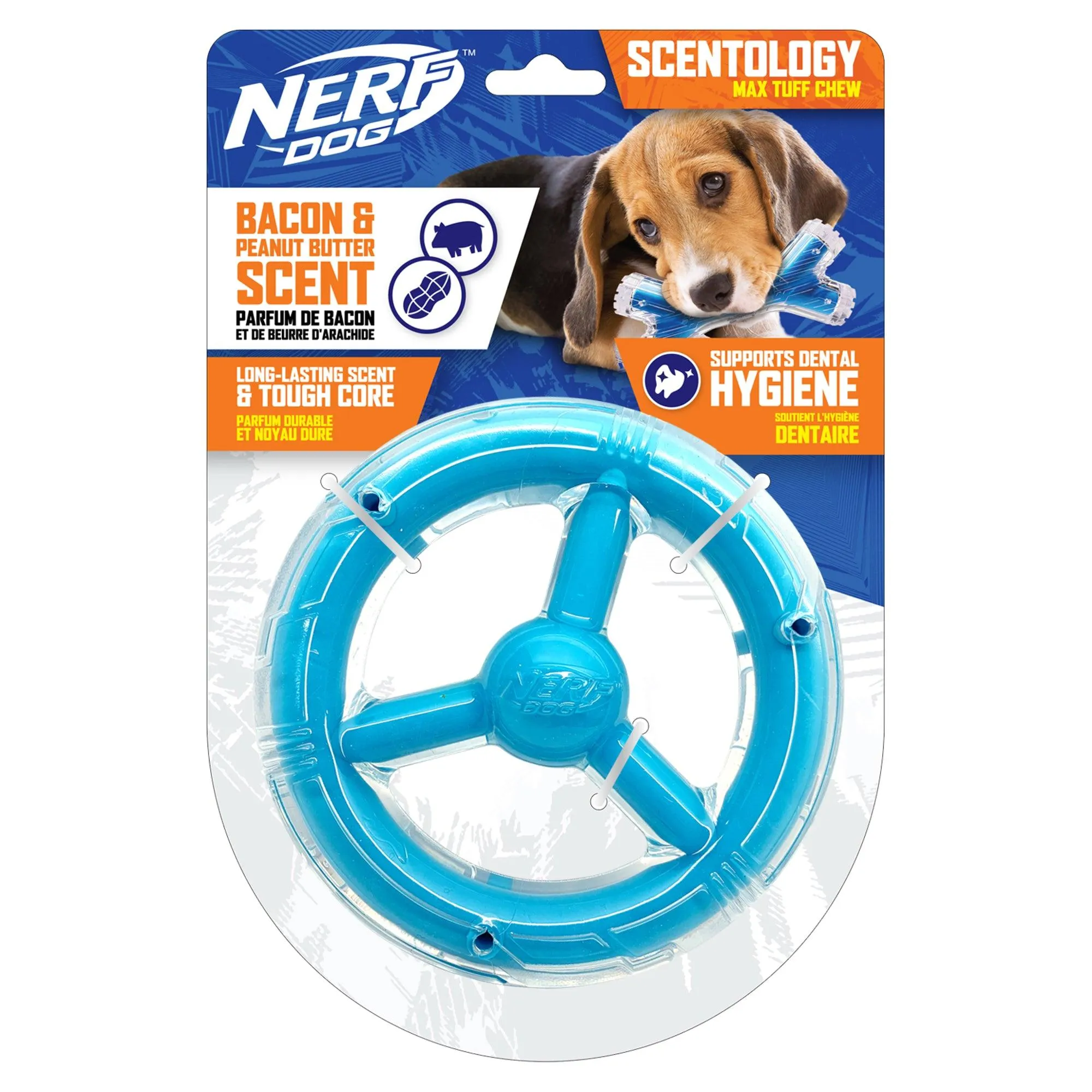 Nerf Scentology Dog Toy Bacon & Peanut Butter Scented Blue Orbit Ring