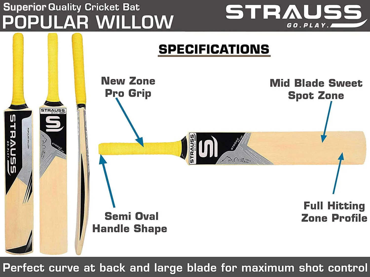 Strauss Cricket Bat | Edition: PW-100 | Popular Willow | Size: 5 | Color: Beige | Tennis Cricket Bat | for Boys